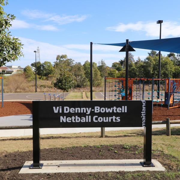 Sign at Vi Denny-Bowtell Netball Courts