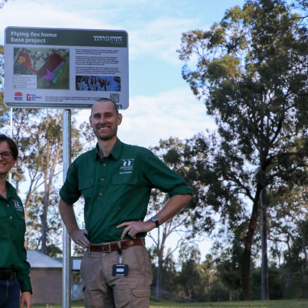Manager Environment and Sustainability Catherine Pepper with Coordinator Natural Environment Will Brown at Beryl Humble Oval in Tenambit