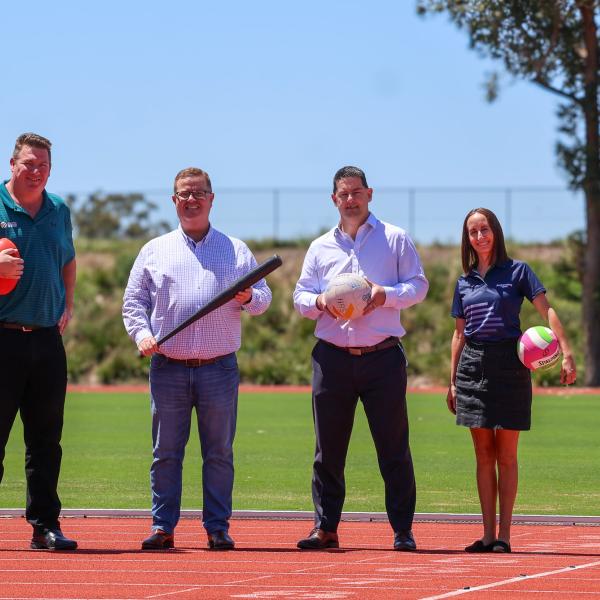 Maitland Mayor Philip Penfold and General Manager Jeff Smith with Hunter Academy of Sport Regional Manager Emily Burgess-Moore and Group CEO Brett O'Farrell at Maitland Regional Athletics Centre