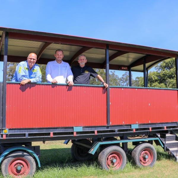 Hunter Valley Steamfest 2025 (L-R) Cr Ken Jordan, Joshua Walker (Dealer Principal Maitland & Port Stephens Toyota), Peter Garnham (Maitland Steam and Antique Machinery Association)