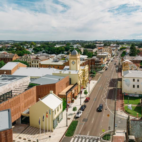 Aerial photo of Maitland Town Hall and High Street