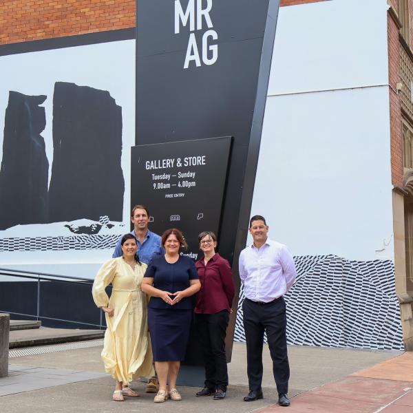 Member for Paterson Meryl Swanson with Maitland GM Jeff Smith, Manager Environment and Sustainability Catherine Pepper, Cr Race Barstow and Cr Don Ferris at Maitland Regional Art Gallery