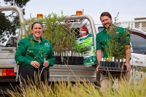 Maitland City Council staff Fiona and Will with hundreds of native seedlings