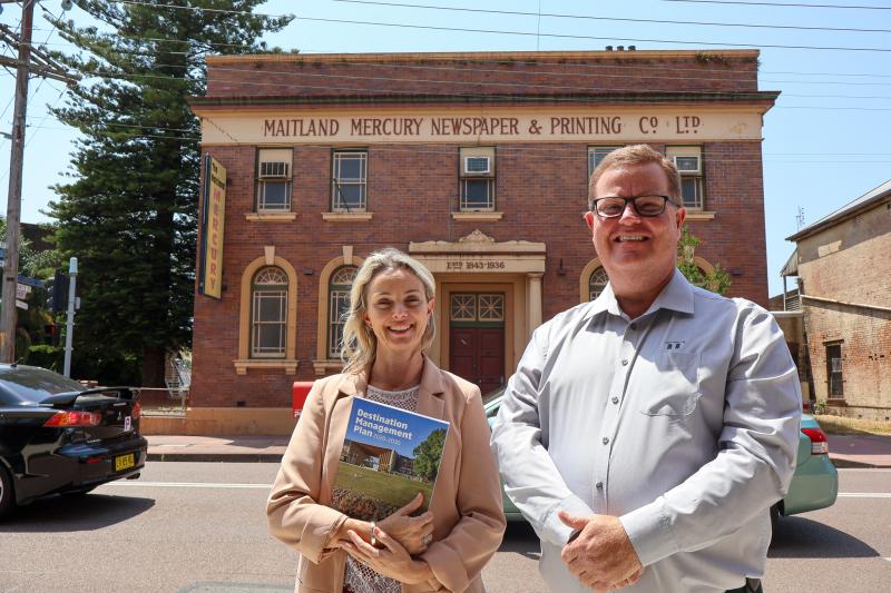 Manager City Experiences and Economy Caroline Booth with Maitland Mayor Philip Penfold outside the former Maitland Mercury building on Maitland's High Street.jpg