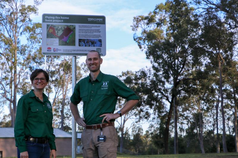Manager Environment and Sustainability Catherine Pepper with Coordinator Natural Environment Will Brown at Beryl Humble Oval in Tenambit