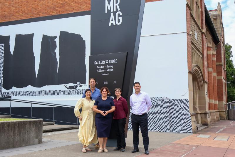 Member for Paterson Meryl Swanson with Maitland GM Jeff Smith, Manager Environment and Sustainability Catherine Pepper, Cr Race Barstow and Cr Don Ferris at Maitland Regional Art Gallery