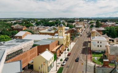 Aerial photo of Maitland Town Hall and High Street