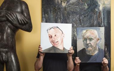 Image caption: Benefactors Gordon Elliott and Michael Eyes, holding works artists Euan Macleod (Gordon) and Juan Ford (Michael), both oils on board. Photographer Christoper Pearce