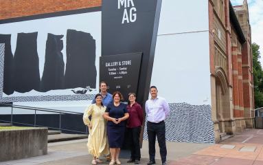 Member for Paterson Meryl Swanson with Maitland GM Jeff Smith, Manager Environment and Sustainability Catherine Pepper, Cr Race Barstow and Cr Don Ferris at Maitland Regional Art Gallery