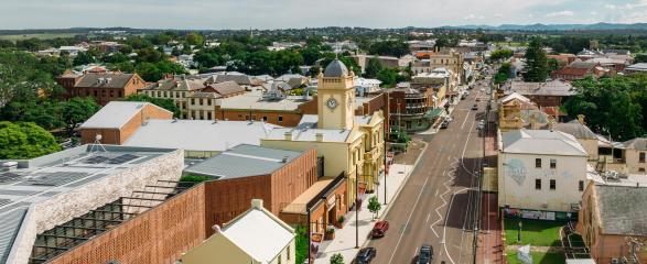 Aerial photo of Maitland Town Hall and High Street