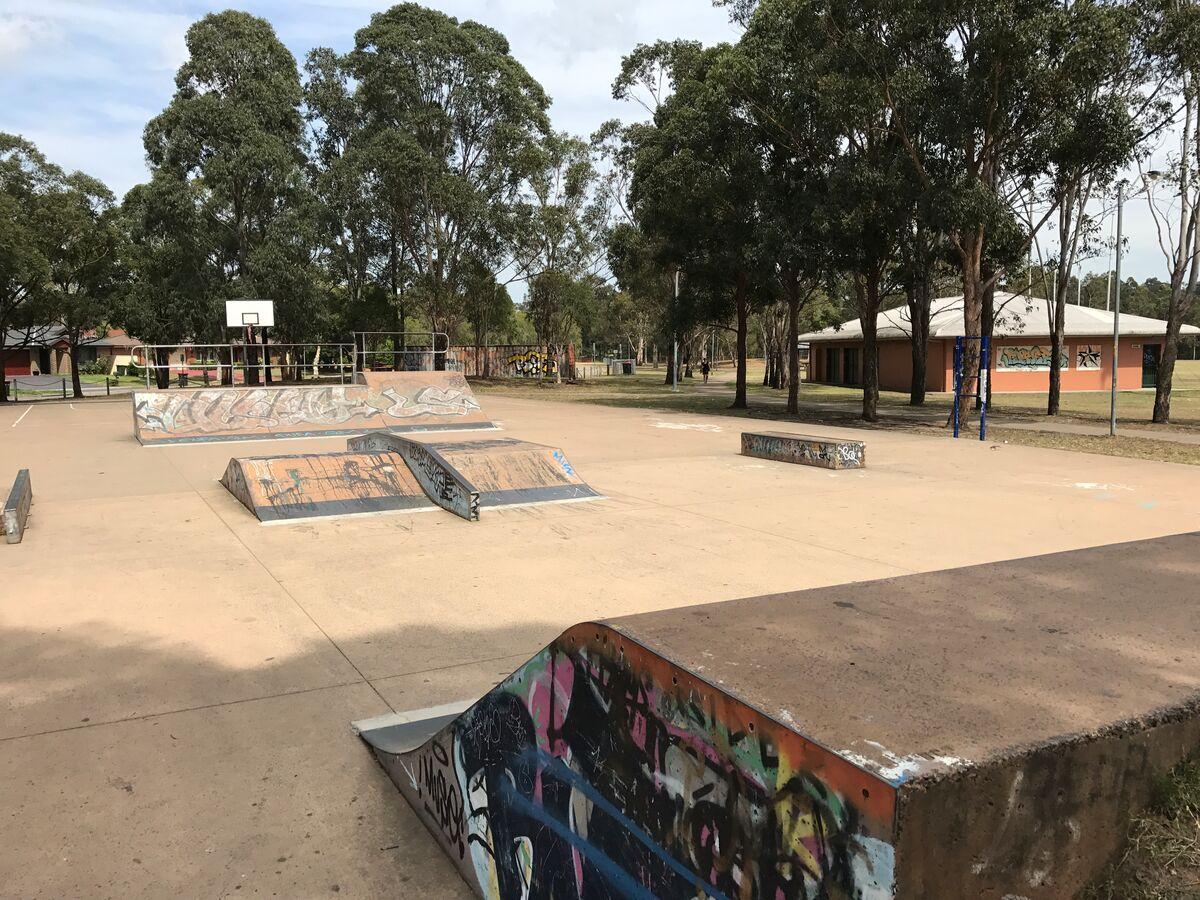 Skatepark and basketball hoop in the background 