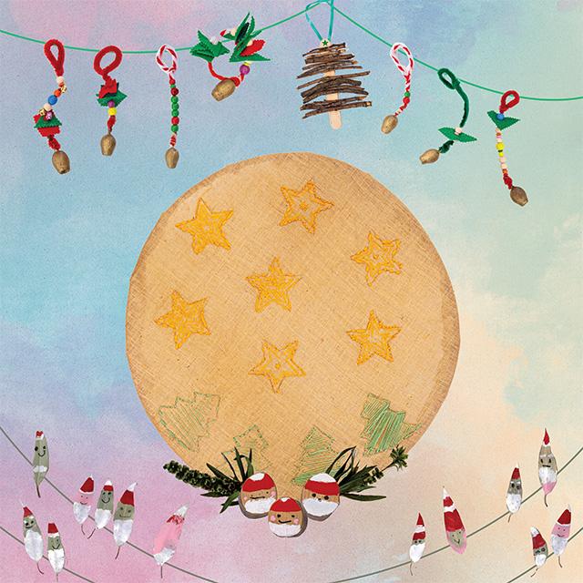 A cross stitched artwork featuring several handmade ornaments