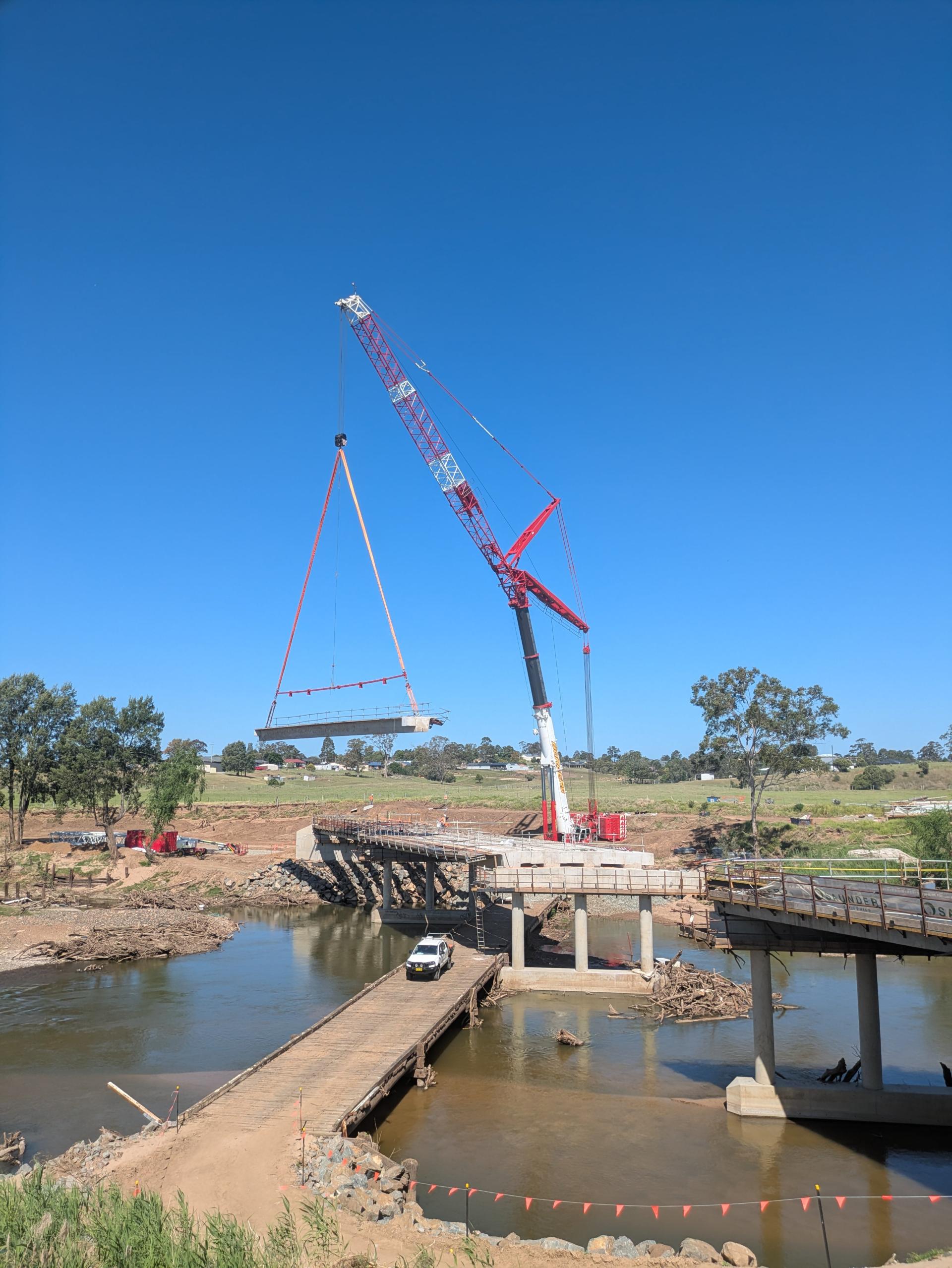 A 750 tonne crane on site assessing flood damage in October 2025